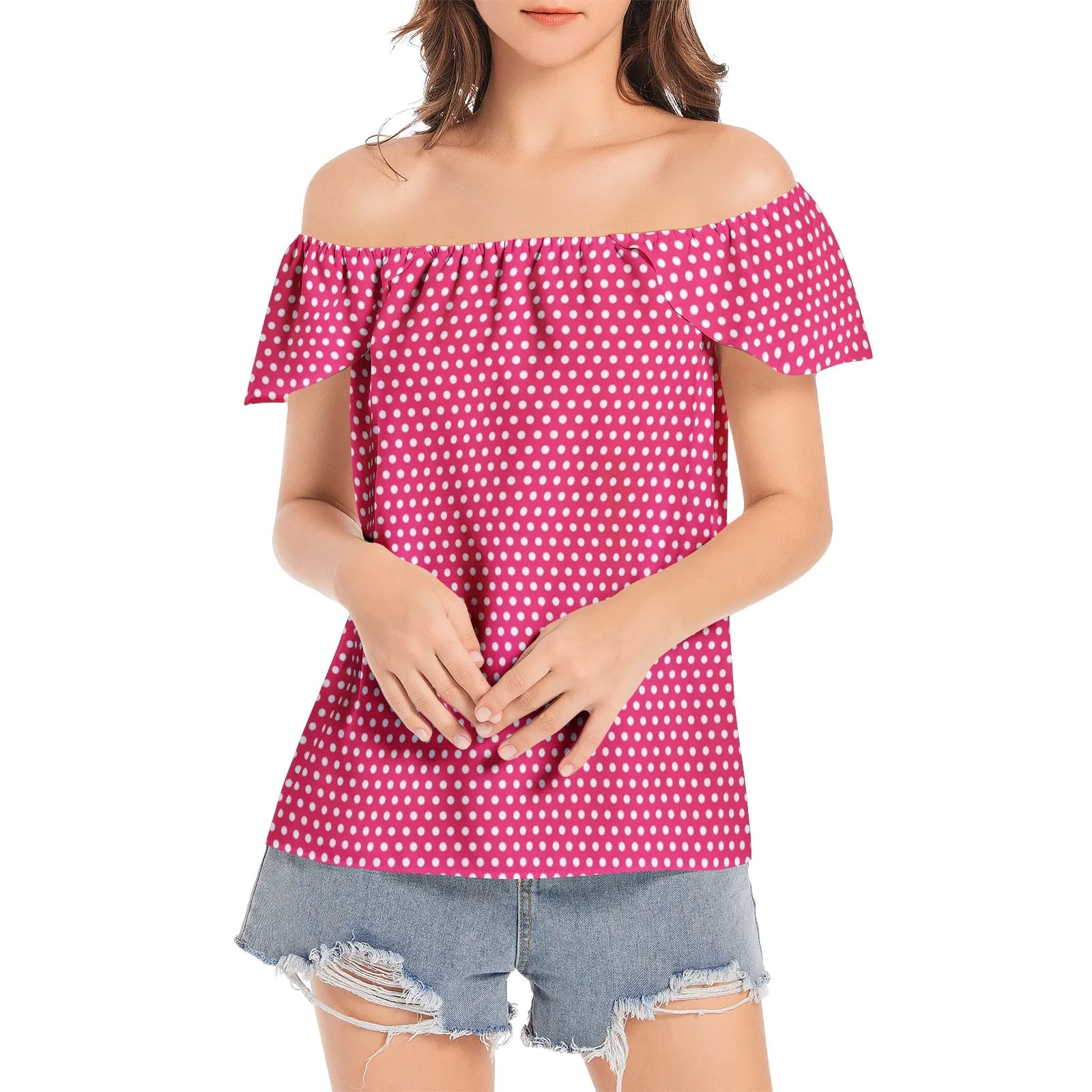 Pink Polka Dots Women's Off The Shoulder Top