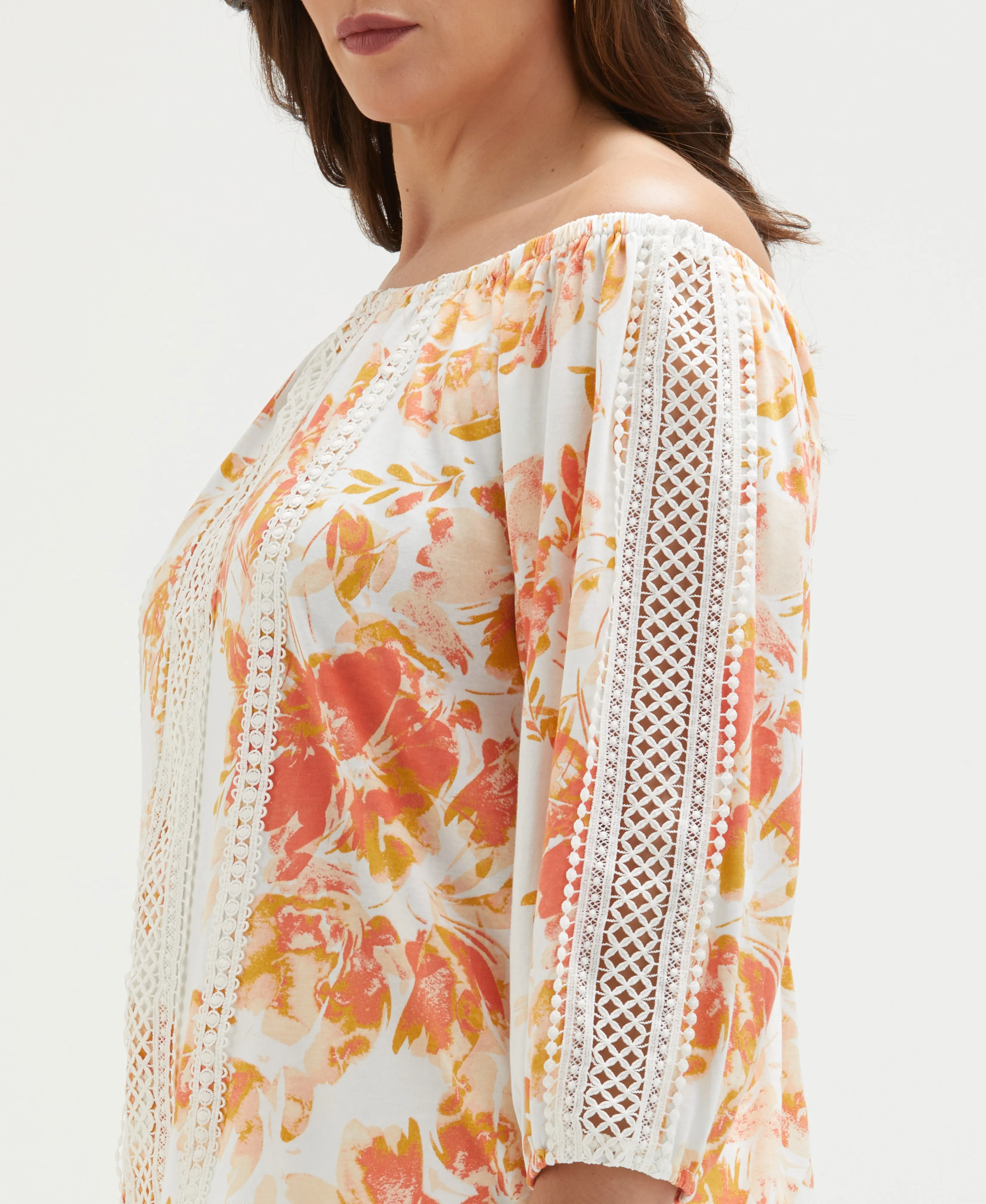 Plus Size Floral Print Lace Trim Off the Shoulder Top