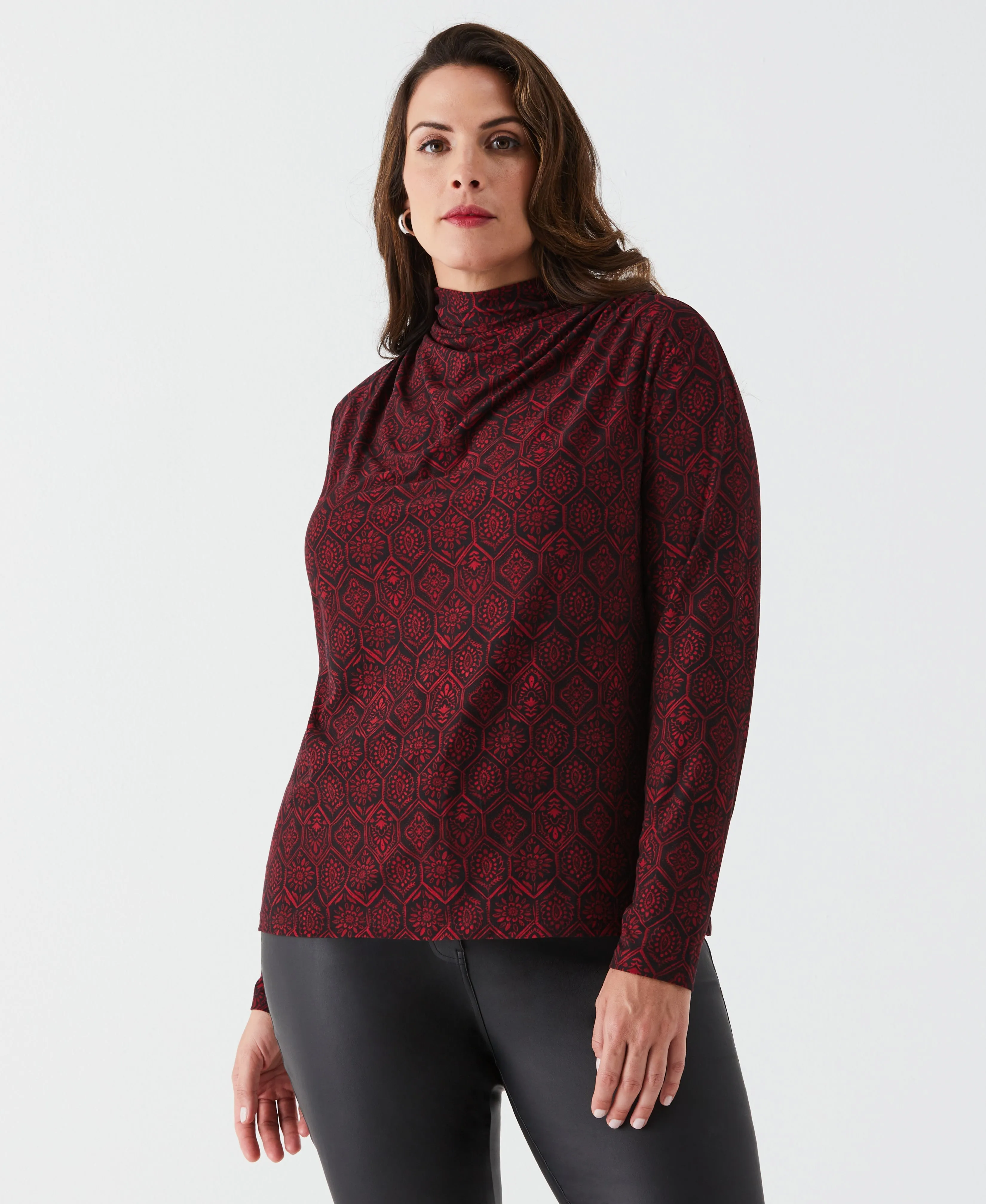 Plus Size Honeycomb Mosaic Print Ruched Mock Neck Top