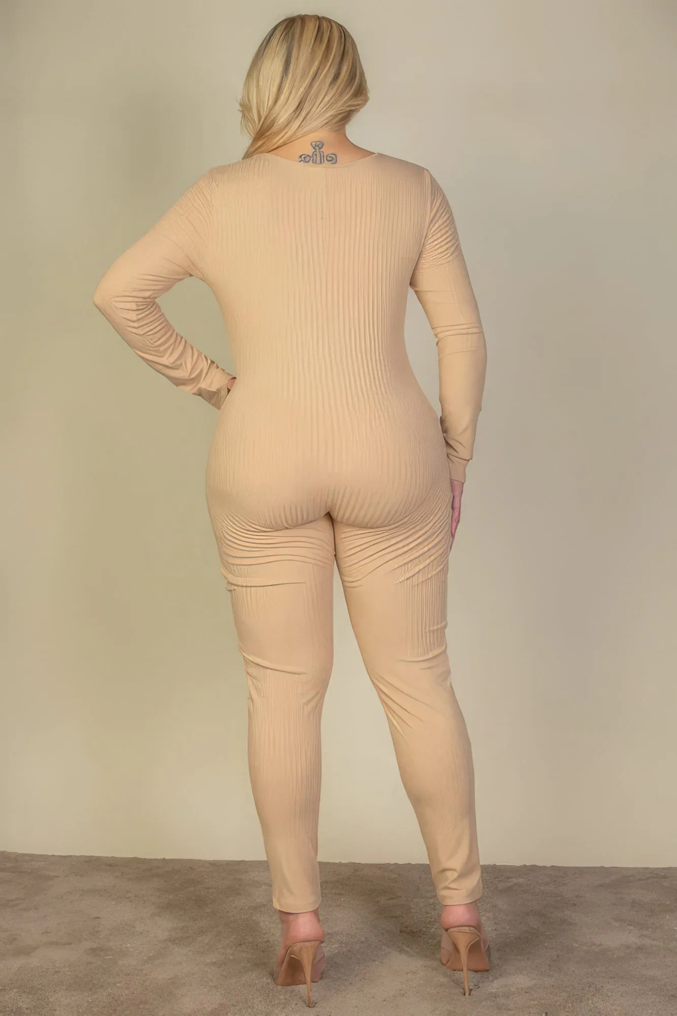 Plus Size Ribbed Scoop Neck Long Sleeve Jumpsuit