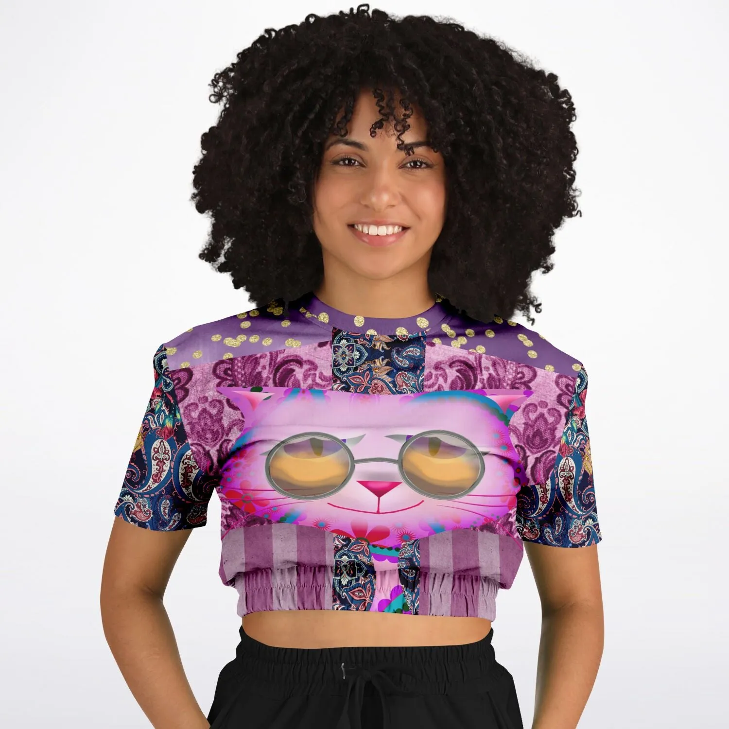 Purple Jamboree Short Sleeve Cropped Eco-Poly Sweater