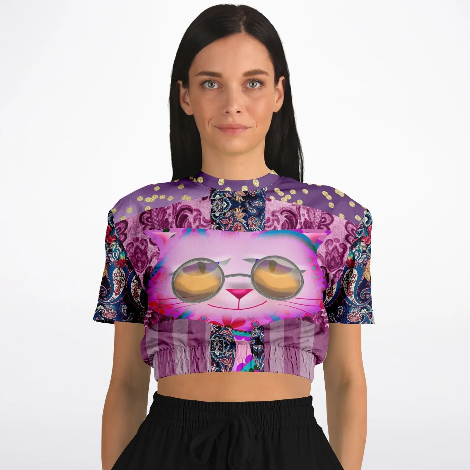 Purple Jamboree Short Sleeve Cropped Eco-Poly Sweater