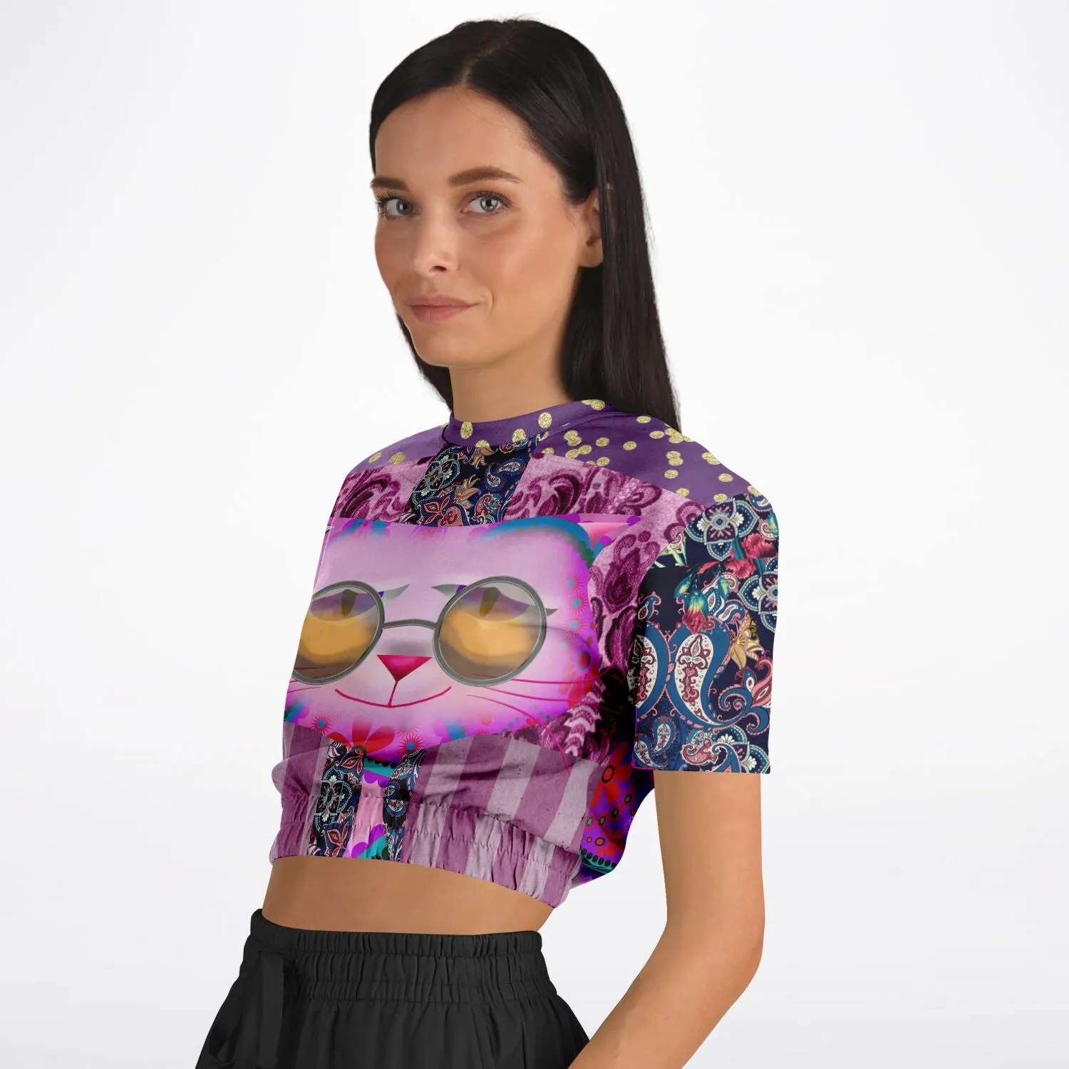 Purple Jamboree Short Sleeve Cropped Eco-Poly Sweater