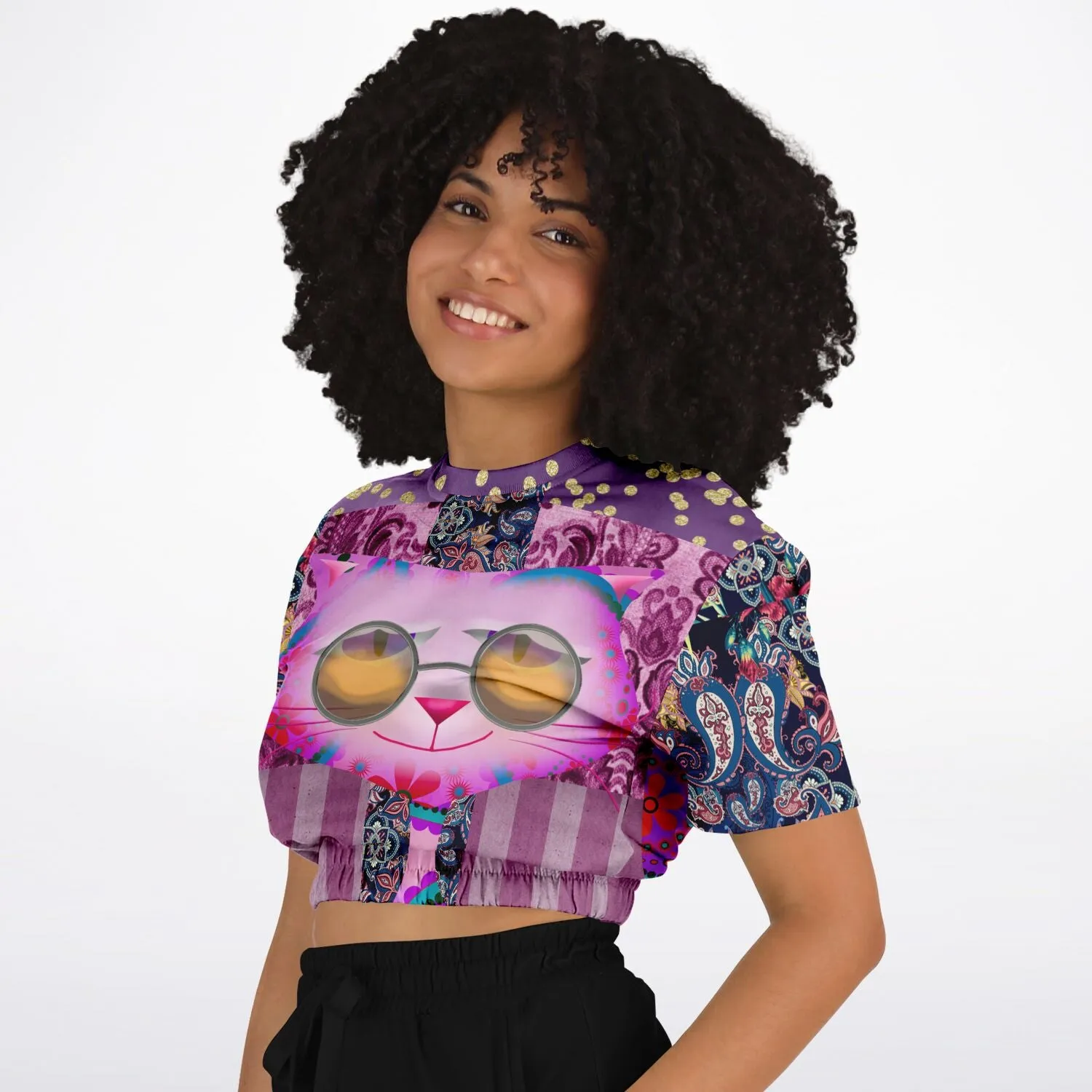 Purple Jamboree Short Sleeve Cropped Eco-Poly Sweater