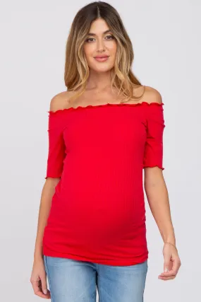 Red Off Shoulder Lettuce Hem Maternity Top