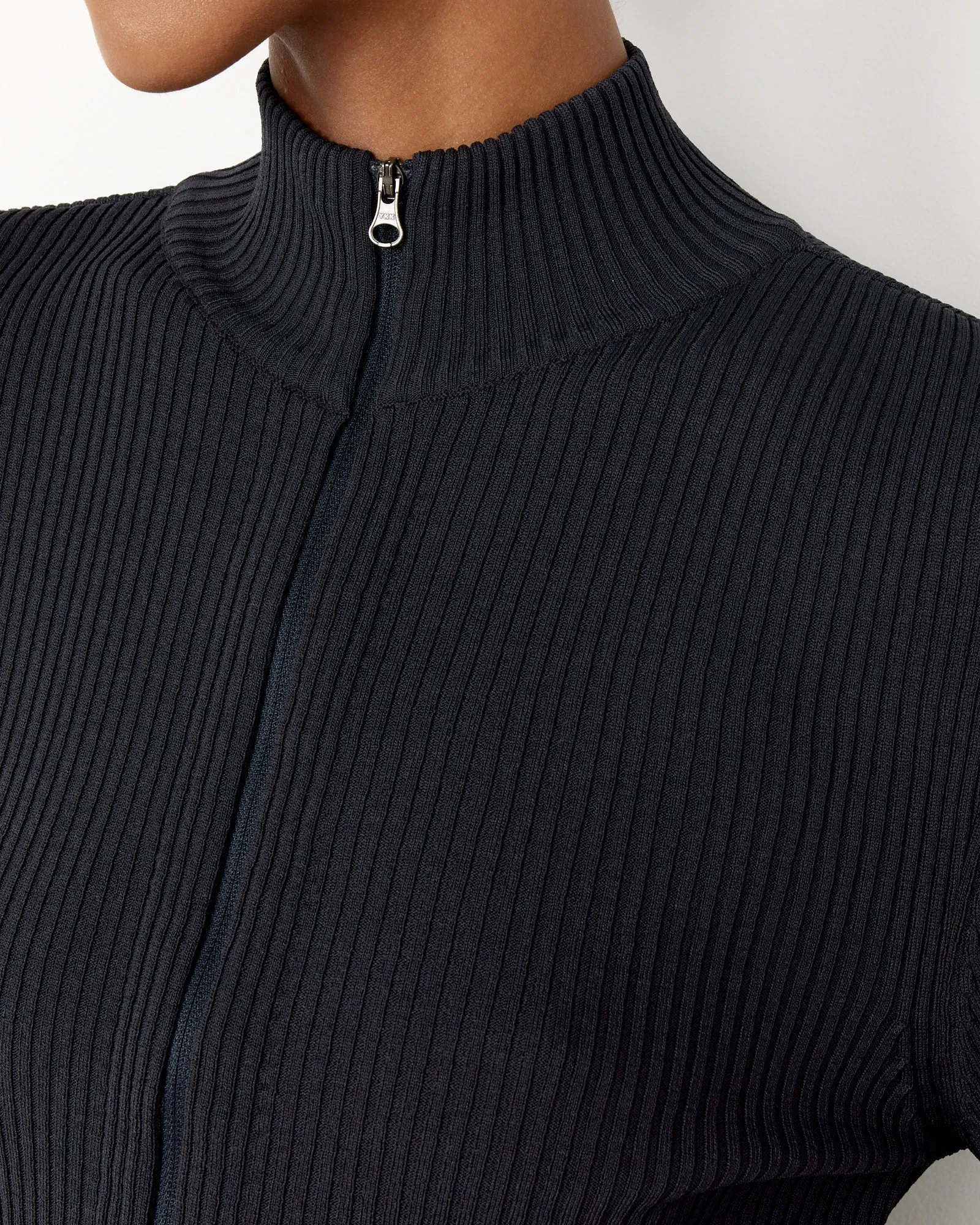 Ribbed Mock Neck Cardigan in Dark Navy