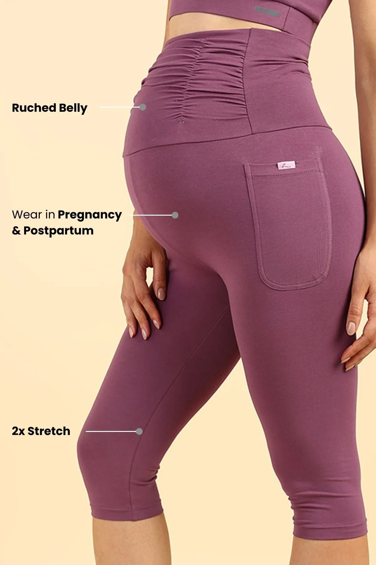 Ruched Cotton Rosewood Maternity Capri (Pregnancy & Postpartum)