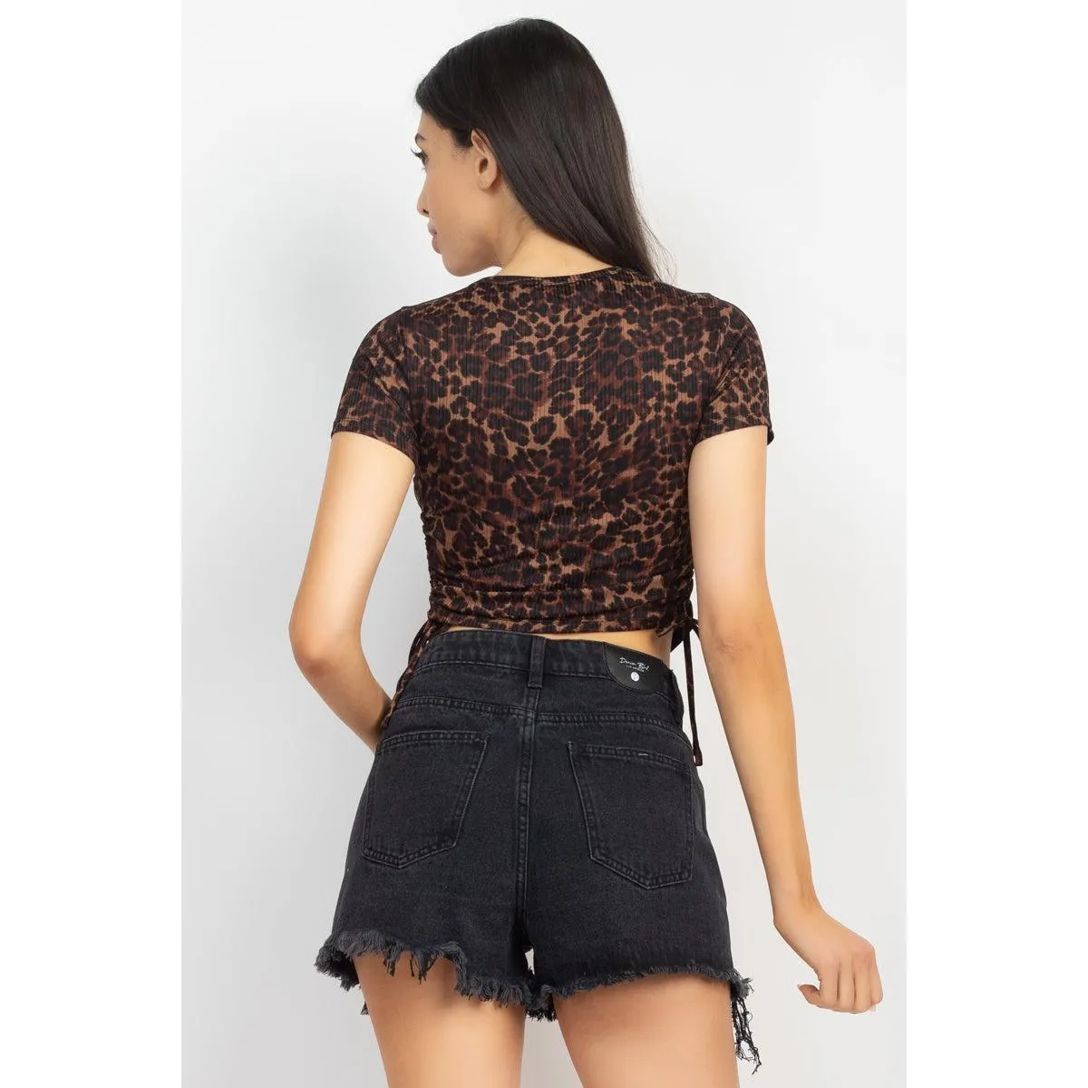 Ruched Drawstring Animal-printed Crop Top