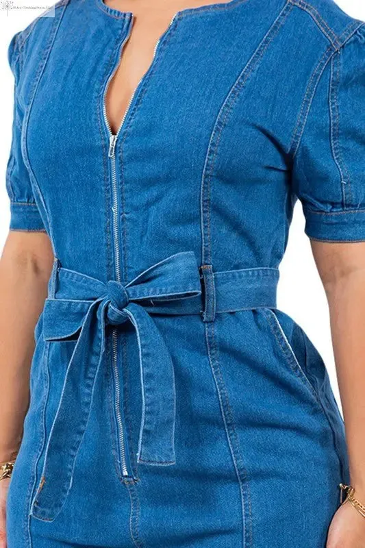 Short Sleeve Denim Jumpsuit Belted