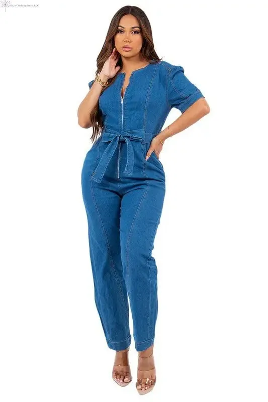 Short Sleeve Denim Jumpsuit Belted