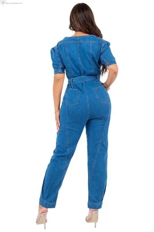 Short Sleeve Denim Jumpsuit Belted