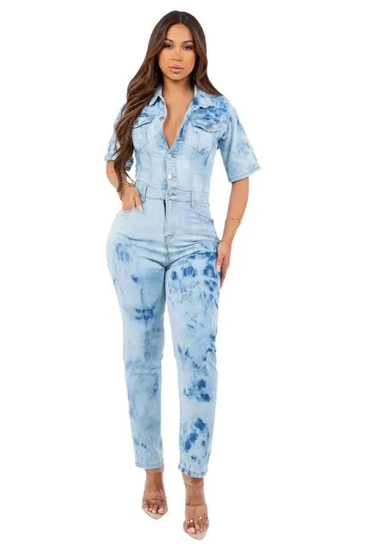 Short Sleeve Denim Jumpsuit Tie-dye ( Available in Plus )