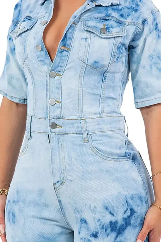 Short Sleeve Denim Jumpsuit Tie-dye ( Available in Plus )