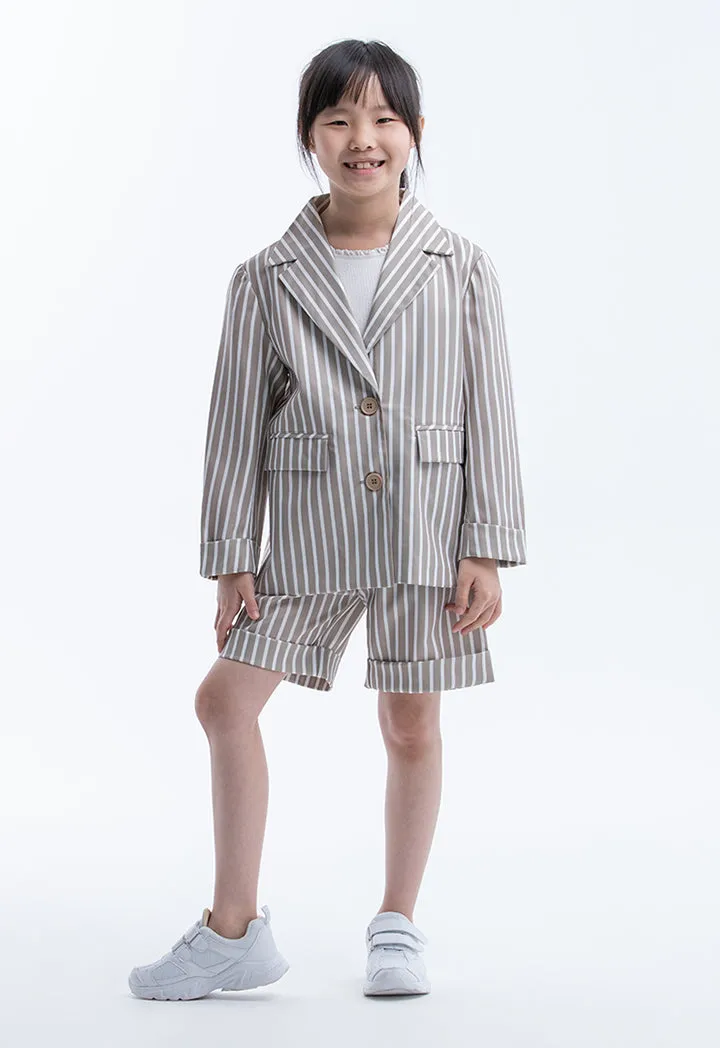 Striped Notch Lapel Blazer And Shorts Girls Set