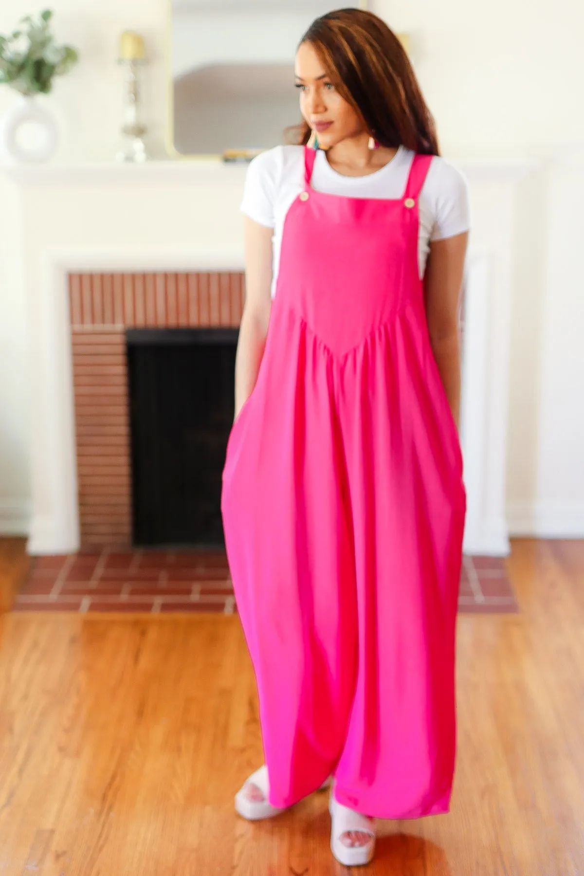 Summer Dreaming Pink Wide Leg Suspender Overall Jumpsuit (Shipping in 1-2 Weeks)