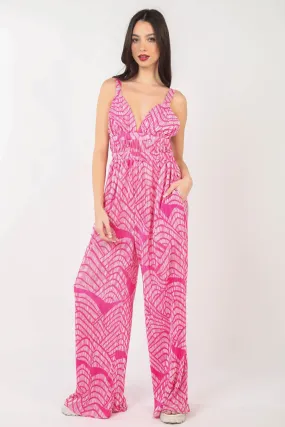 Sunset and Swim – Bedruckter, plissierter, ärmelloser Jumpsuit mit weitem Bein