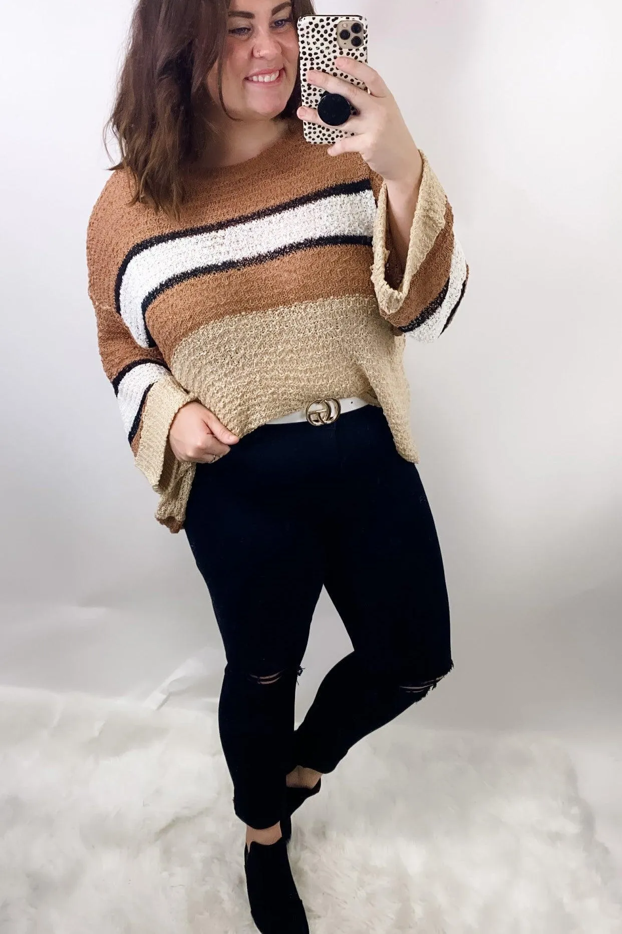 The Final Rose- {Pink/Cream & Olive/Tan} Striped Color Block Knit Sweater