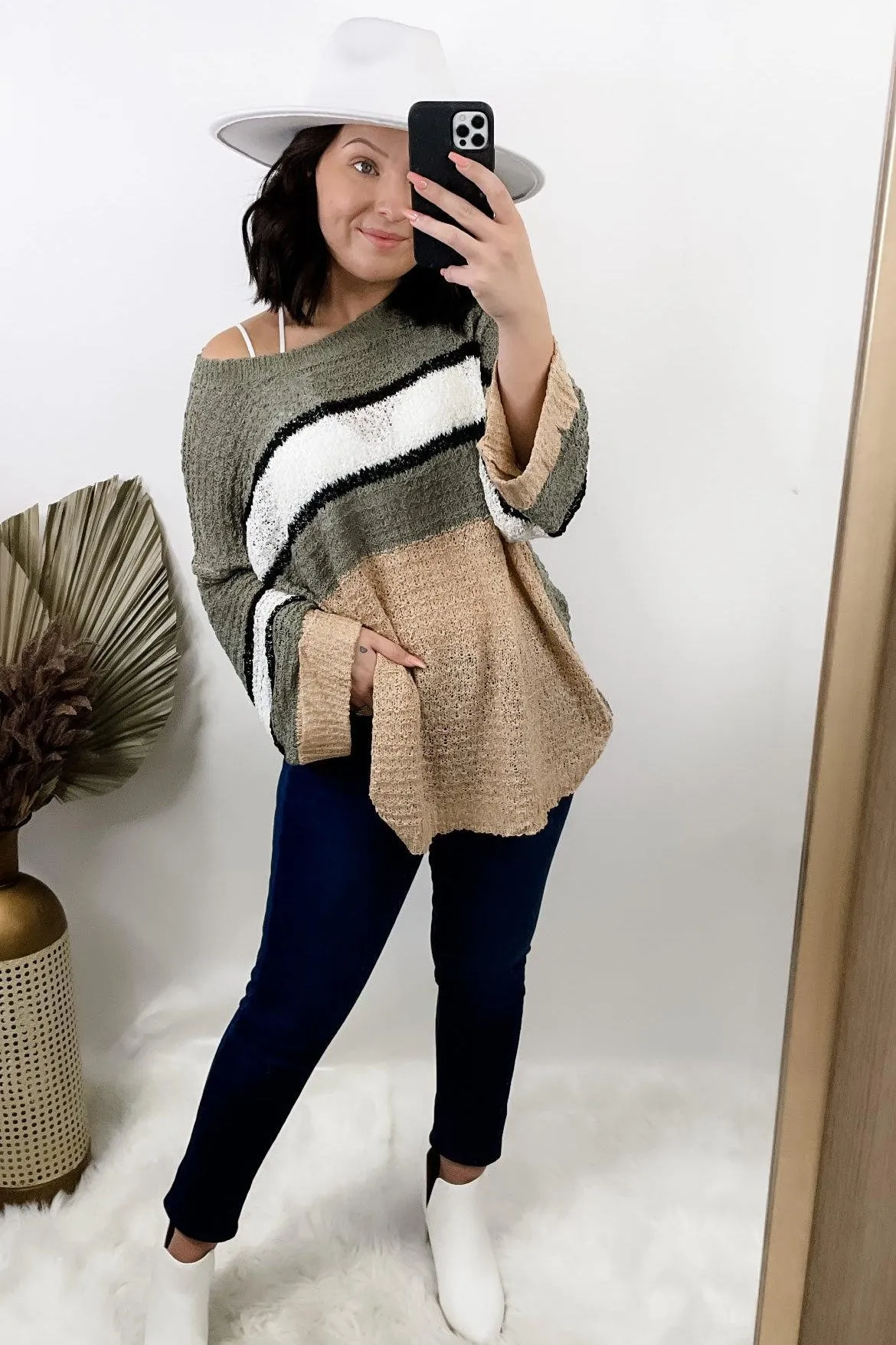 The Final Rose- {Pink/Cream & Olive/Tan} Striped Color Block Knit Sweater