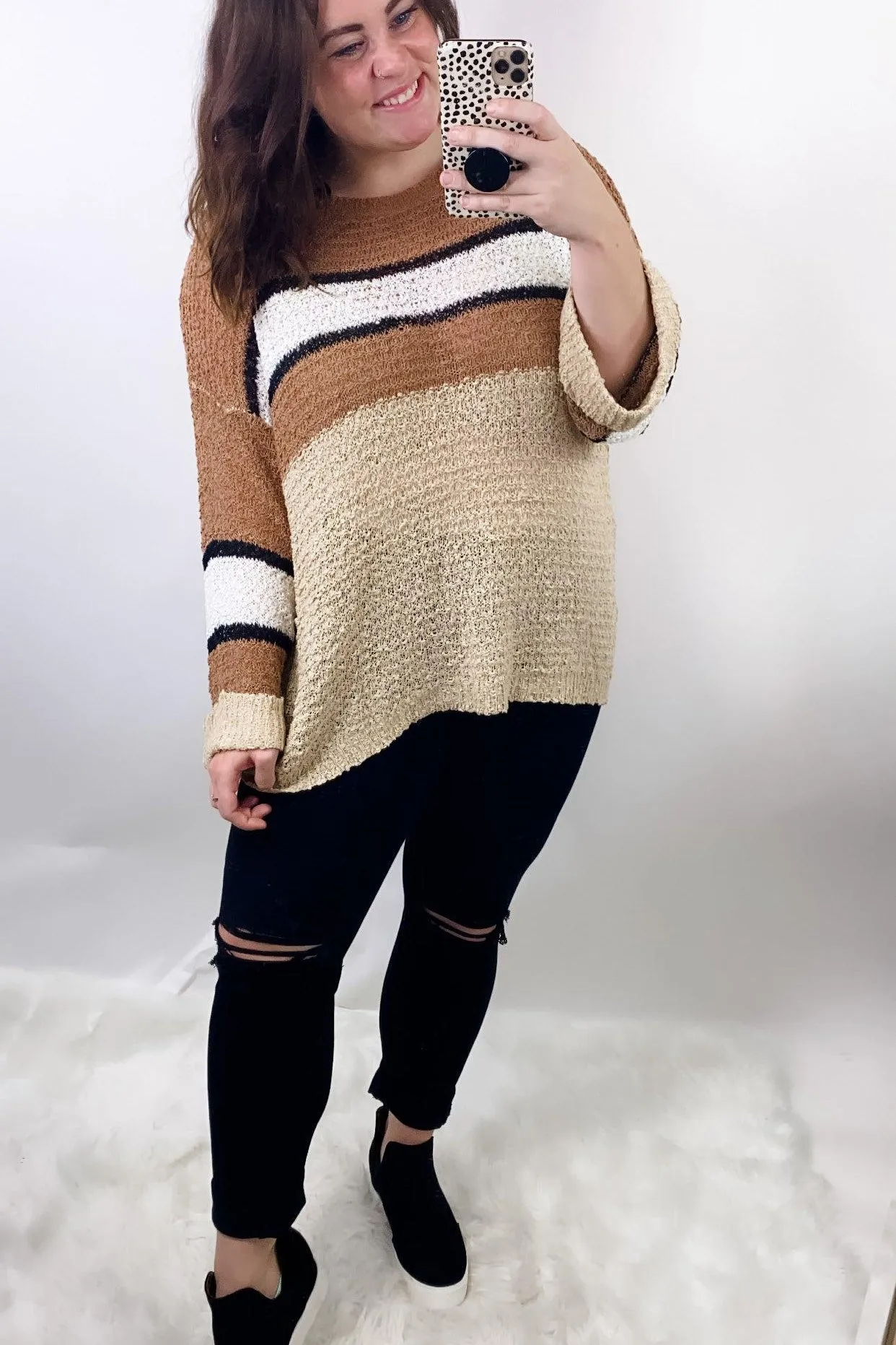 The Final Rose- {Pink/Cream & Olive/Tan} Striped Color Block Knit Sweater