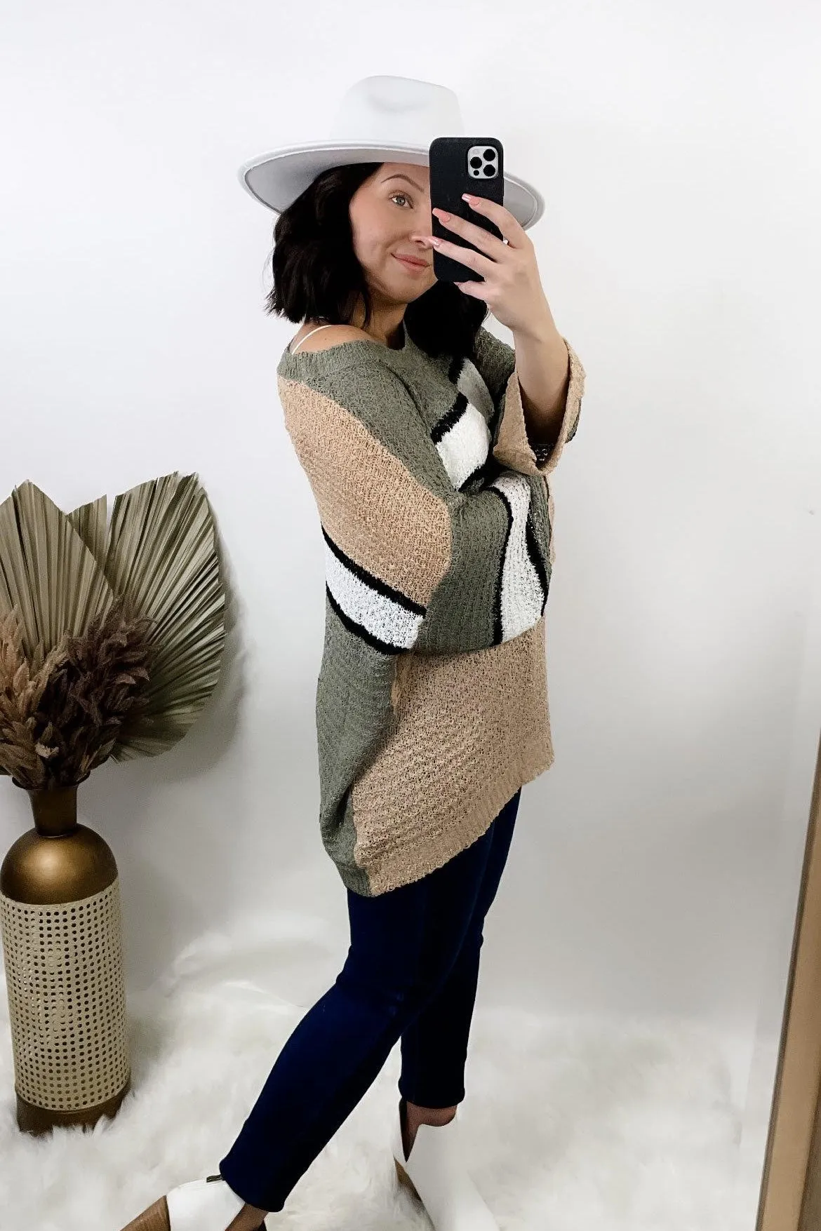 The Final Rose- {Pink/Cream & Olive/Tan} Striped Color Block Knit Sweater