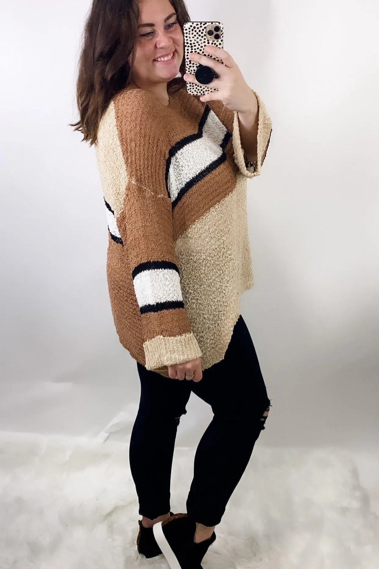 The Final Rose- {Pink/Cream & Olive/Tan} Striped Color Block Knit Sweater