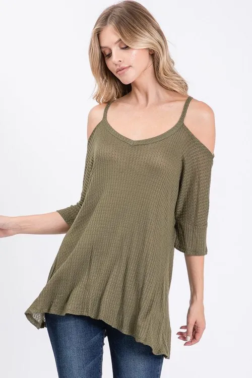 Waffle v neck cold shoulder hi-low top