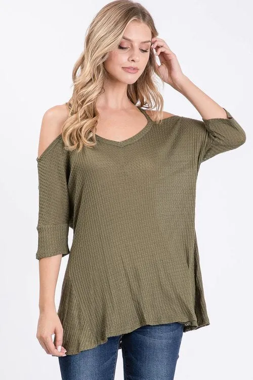 Waffle v neck cold shoulder hi-low top