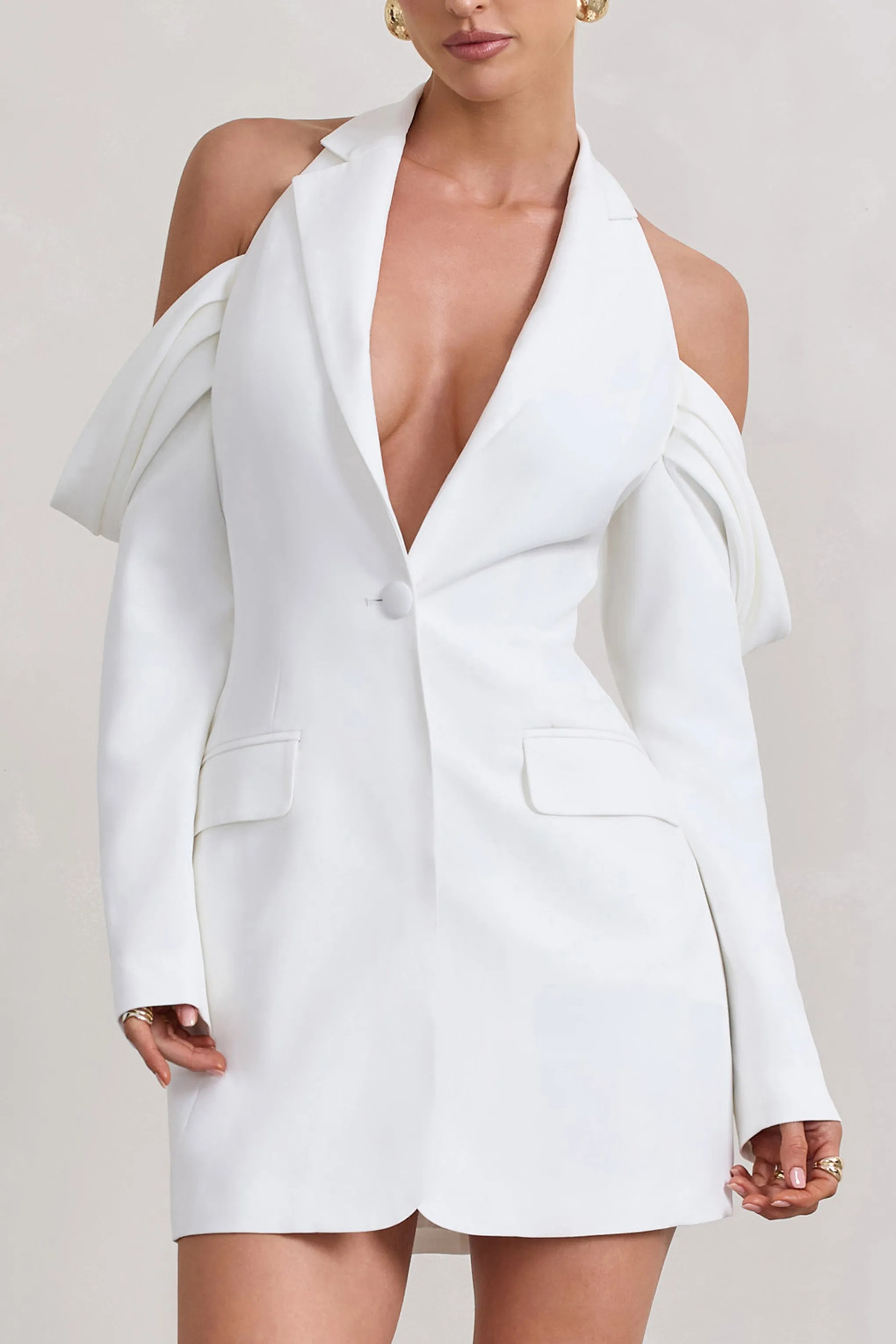 Your Night | White Plunge Draped Blazer Dress